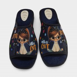 Pantoufles d'été bleu marine pour femmes, motif chat, en solde