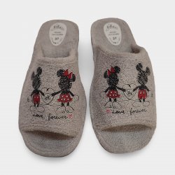 Mickey et Minnie se tenant la main, pantoufles grises