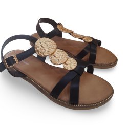 Sandalias planas negras con monedas oro