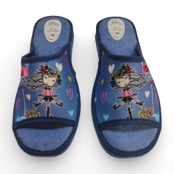 Zapatillas de Casa Mujer Celeste París | Diseño Chica en Bici, Perrito y Corazones