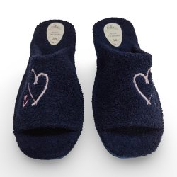 Zapatillas de Casa Verano Mujer Azul Marino | Rizo Absorbente, Punta Abierta y Corazones Rosa y Lila