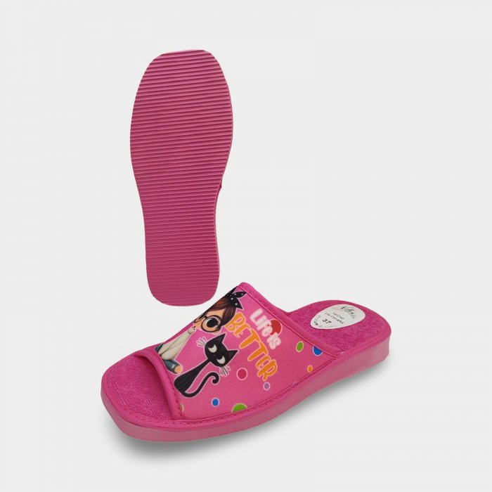 Pantufas femininas divertidas de verão | Rosa com estampa de menina e gato - 2