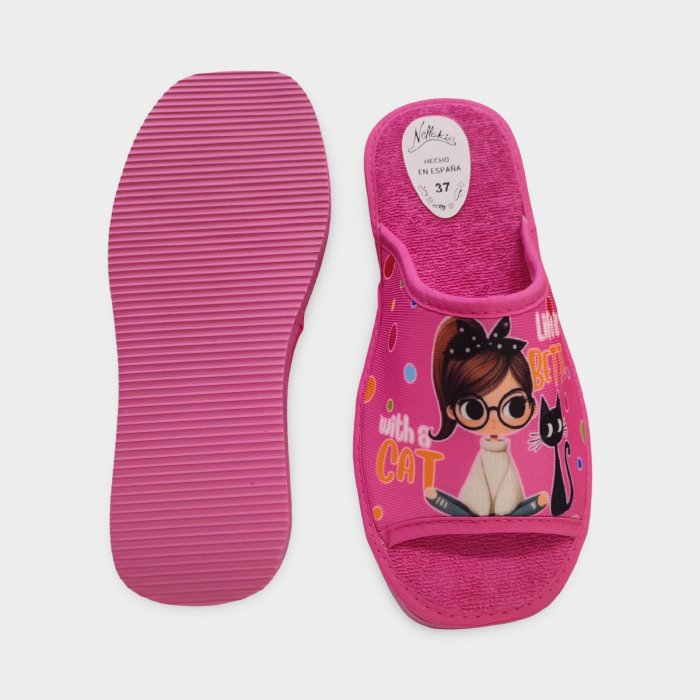 Pantufas femininas divertidas de verão | Rosa com estampa de menina e gato - 3