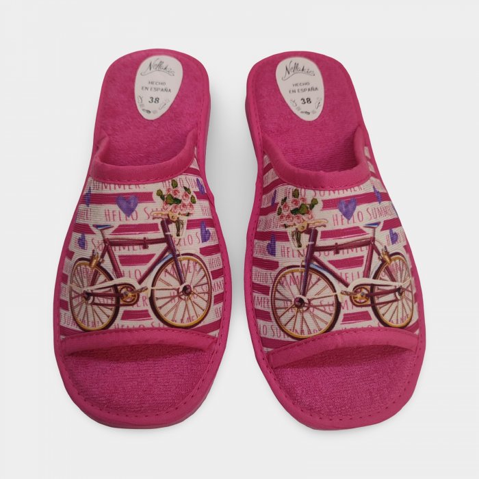 Chinelo feminino barato com estampa de bicicleta na cor fúcsia. - 1
