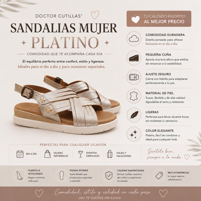 Sandales confortables pour femmes Doctor Cutillas Platinum | Cuir avec talon compensé et boucle - Prix abordable - 6