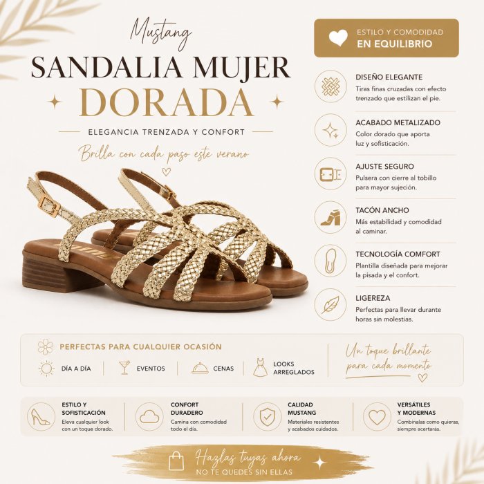 Sandàlies Dona Mustang Ines Daurades | Tacó Ample i Plantilla Comfort - 7