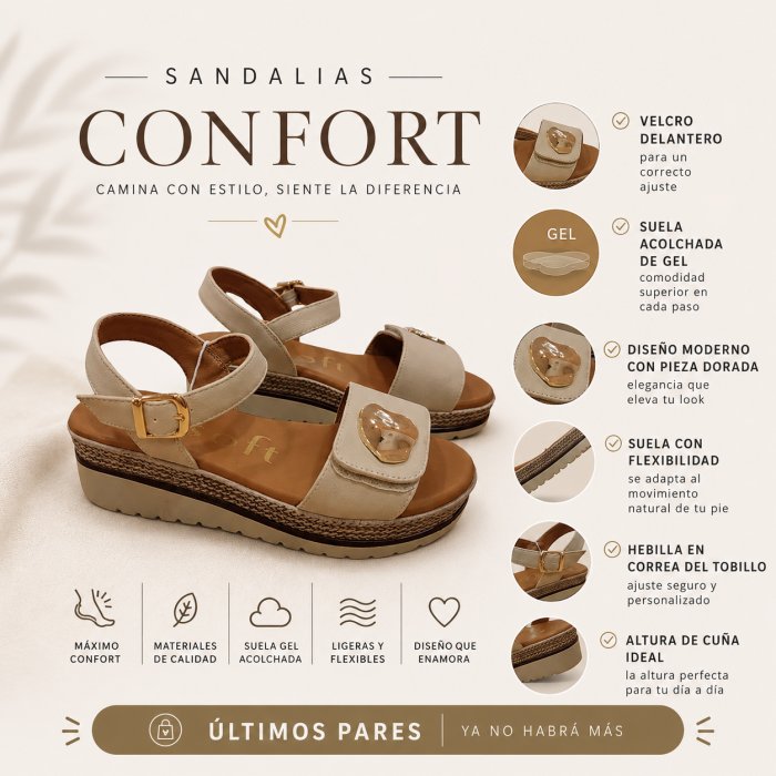 Sandalias Mujer de Cuña con Velcro Ajustable Mysoft | Suela de Gel Acolchada - 3