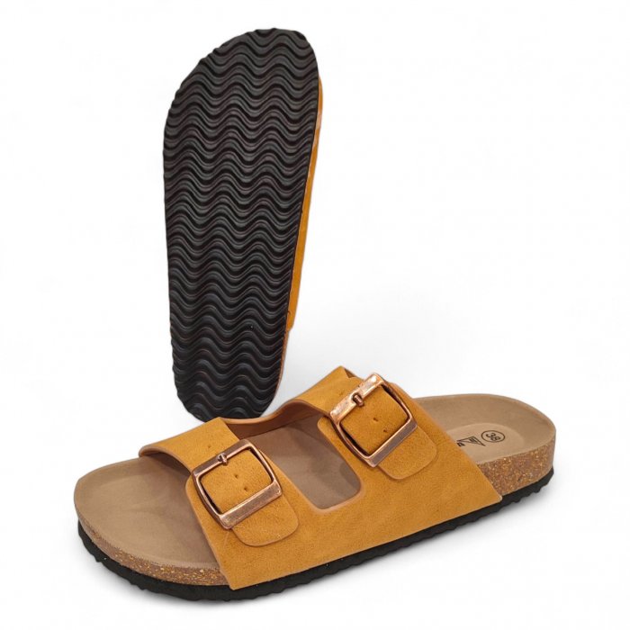 Sandálias femininas acessíveis, feitas de material biodegradável, com duas fivelas, na cor mostarda-camelo. - 2