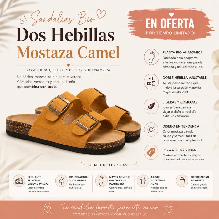 Sandálias femininas acessíveis, feitas de material biodegradável, com duas fivelas, na cor mostarda-camelo. - 5