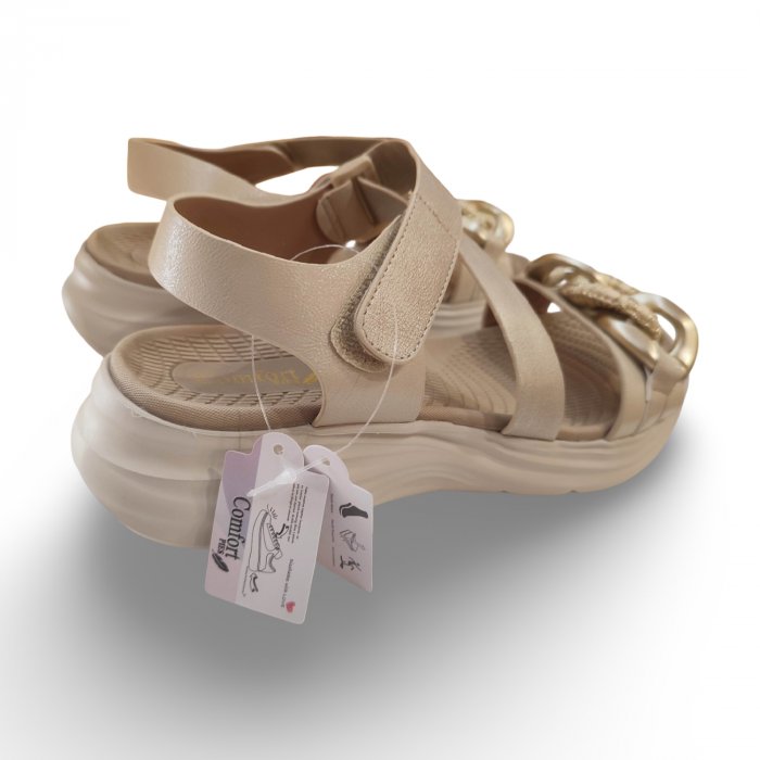 Sandalias cadena beige oro velcro acolchada - 5