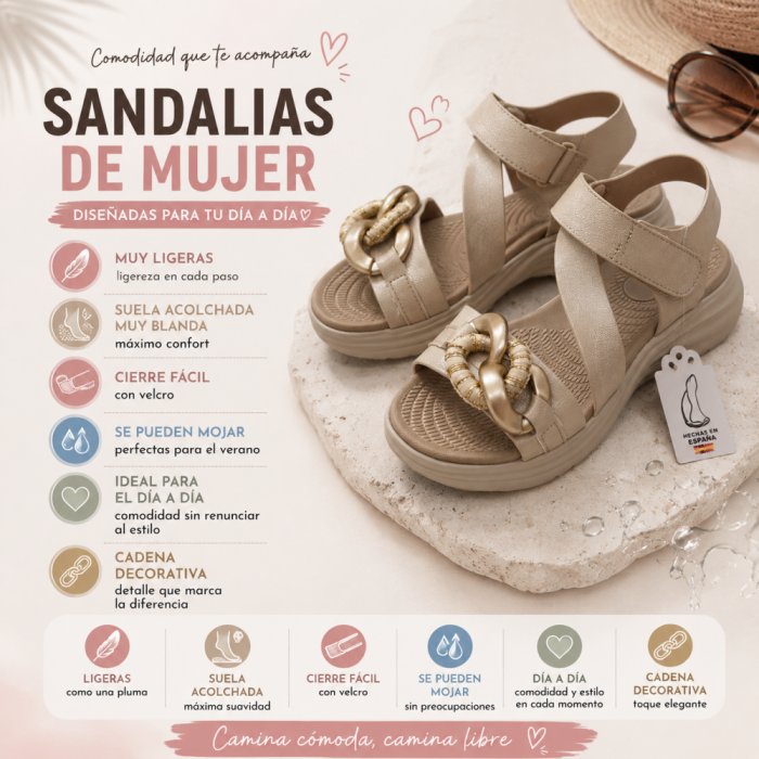 Sandalias cadena beige oro velcro acolchada - 6