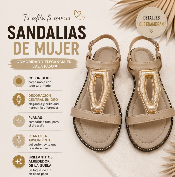 Sandalias planas beige con adorno dorado - 2