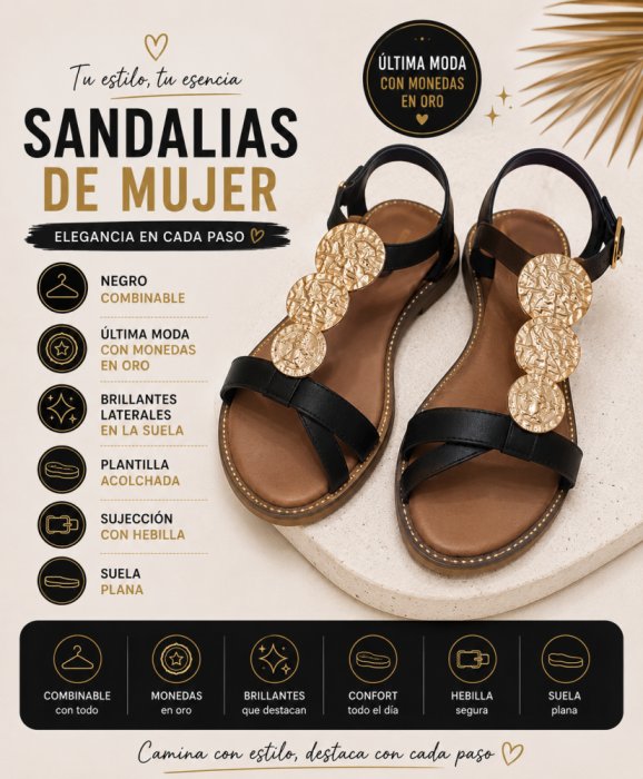 Sandalias planas negras con monedas oro - 6