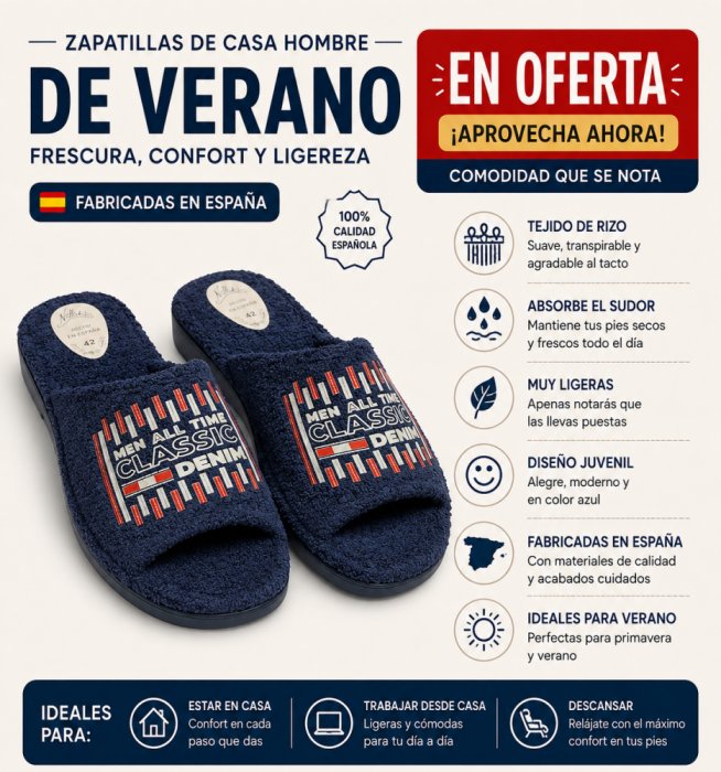 Pantufas masculinas de tecido atoalhado para o verão na cor azul. - 4