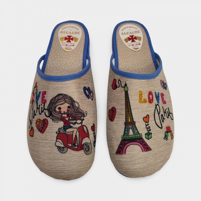 Pantufas de verão parisienses originais femininas em bege e azul. - 1