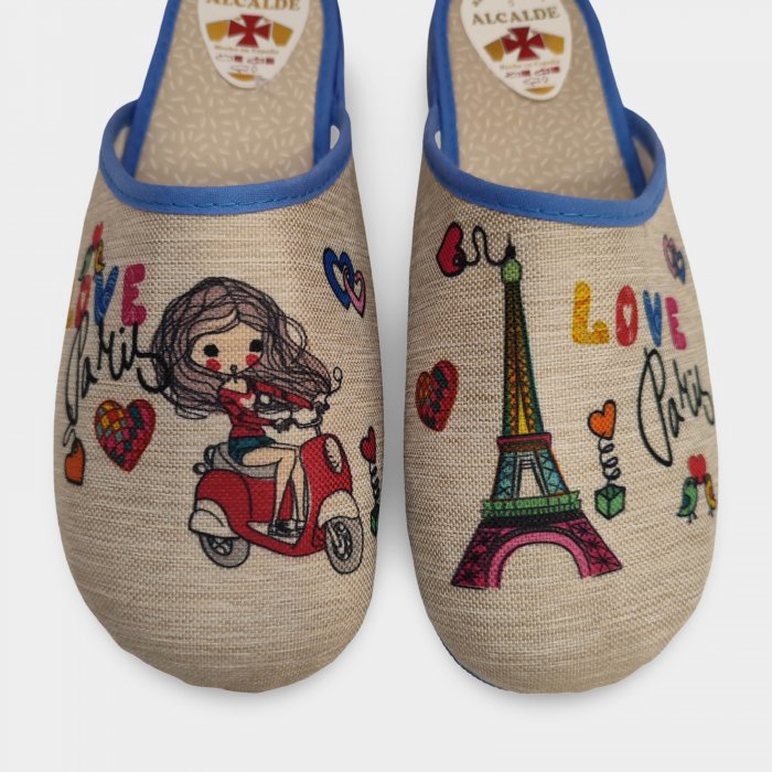Pantufas de verão parisienses originais femininas em bege e azul. - 2