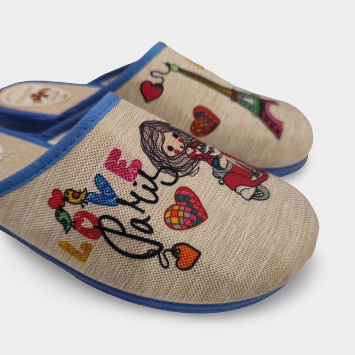 Pantufas de verão parisienses originais femininas em bege e azul. - 3
