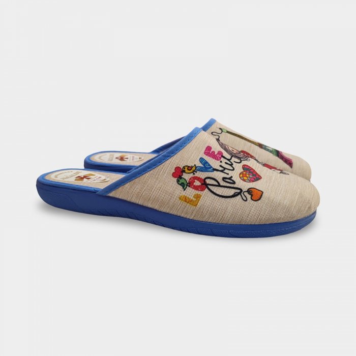 Pantufas de verão parisienses originais femininas em bege e azul. - 4