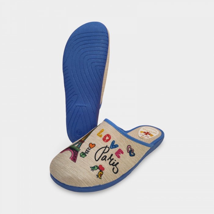Pantufas de verão parisienses originais femininas em bege e azul. - 5
