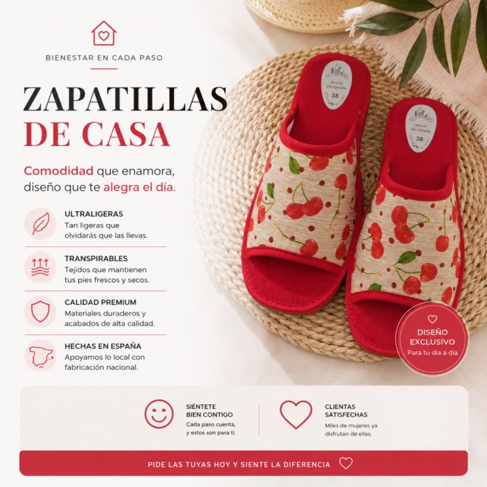 Zapatillas de Casa Cerezas para Verano en beige con rojo - 5