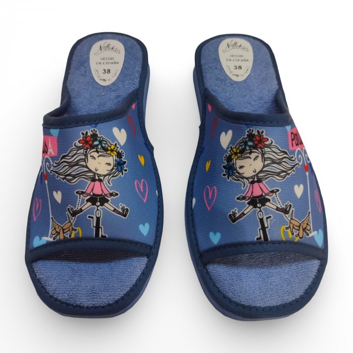 Zapatillas de Casa Mujer Celeste París | Diseño Chica en Bici, Perrito y Corazones - 1