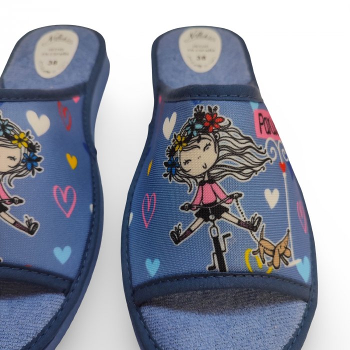 Zapatillas de Casa Mujer Celeste París | Diseño Chica en Bici, Perrito y Corazones - 2
