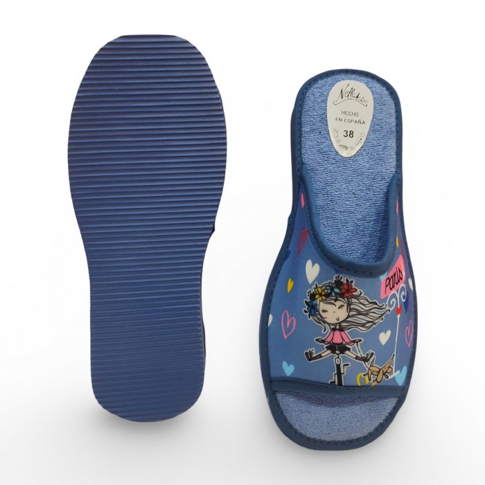 Zapatillas de Casa Mujer Celeste París | Diseño Chica en Bici, Perrito y Corazones - 3