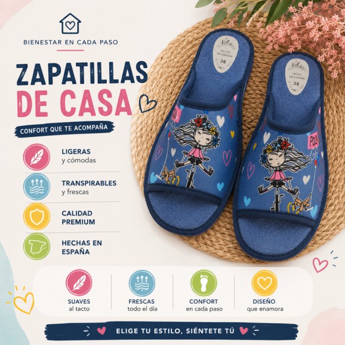 Zapatillas de Casa Mujer Celeste París | Diseño Chica en Bici, Perrito y Corazones - 4