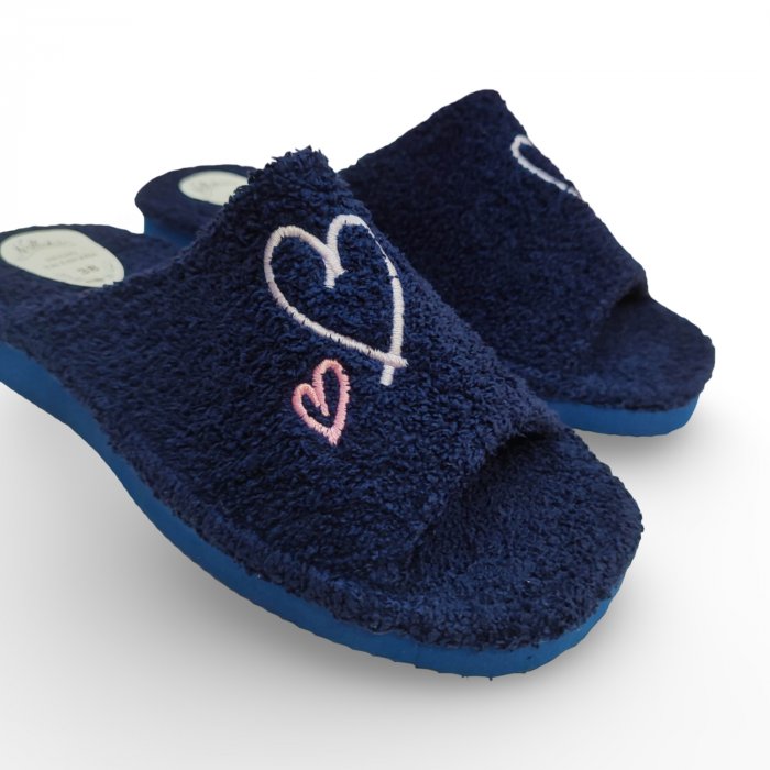 Zapatillas de Casa Verano Mujer Azul Marino | Rizo Absorbente, Punta Abierta y Corazones Rosa y Lila - 2