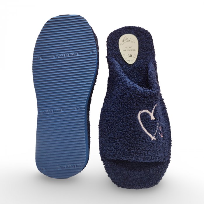 Zapatillas de Casa Verano Mujer Azul Marino | Rizo Absorbente, Punta Abierta y Corazones Rosa y Lila - 3