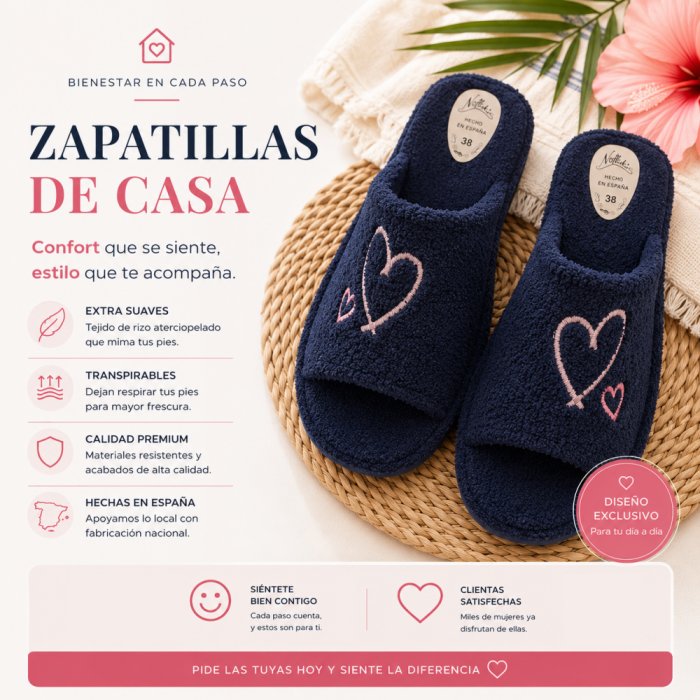 Zapatillas de Casa Verano Mujer Azul Marino | Rizo Absorbente, Punta Abierta y Corazones Rosa y Lila - 4