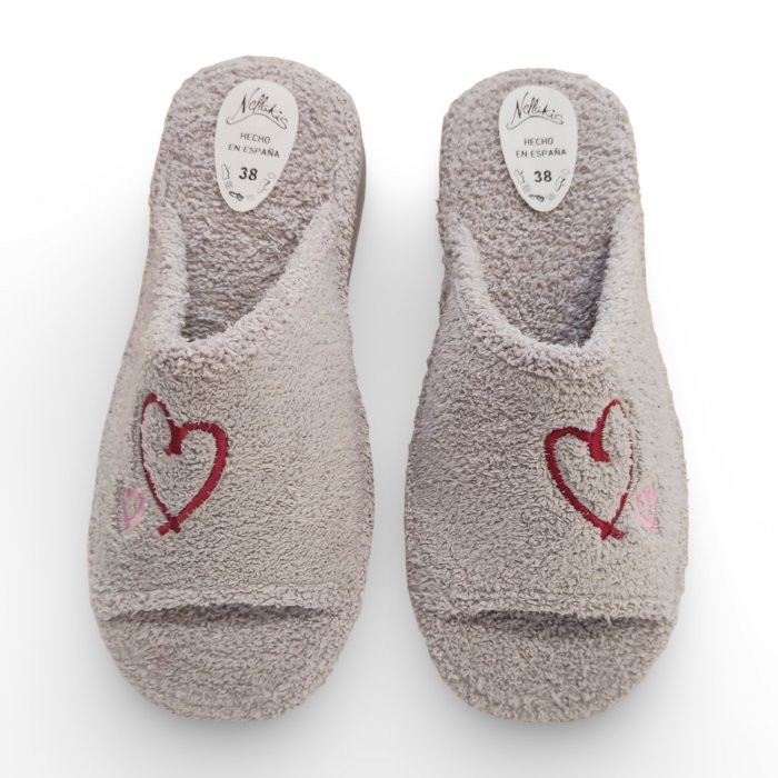 Zapatillas de Casa Verano Mujer Gris | Rizo Absorbente, Punta Abierta y Corazones - 1