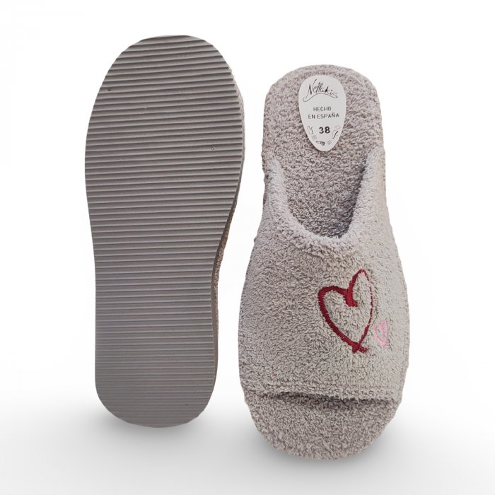 Zapatillas de Casa Verano Mujer Gris | Rizo Absorbente, Punta Abierta y Corazones - 3