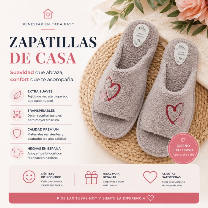 Zapatillas de Casa Verano Mujer Gris | Rizo Absorbente, Punta Abierta y Corazones - 4
