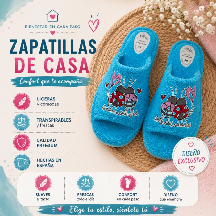Zapatillas de Casa Verano Mujer Turquesa | Mariquitas Enamoradas, Rizo Absorbente y Hechas en España - 4