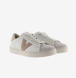 Zapatillas Victoria con V en piel y ante rosa cuarzo