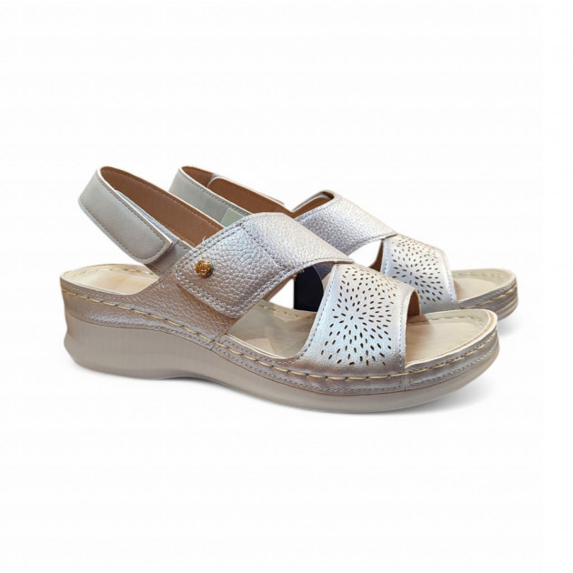 Sandalias para mujer mayor económicas plata con velcros - 1