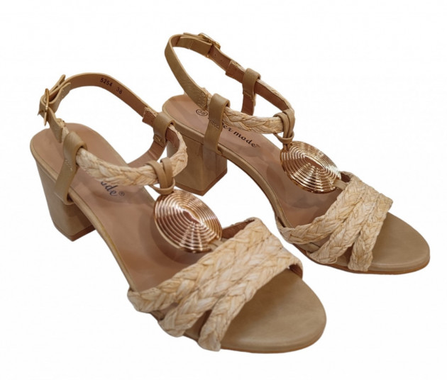 Sandalias tacón rafia beige económica - 3